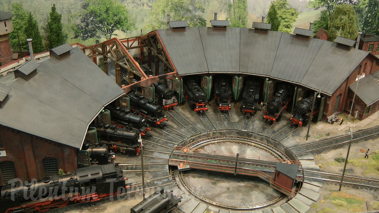 Model Railroad Layout with Steam Locomotive Depot in World War II