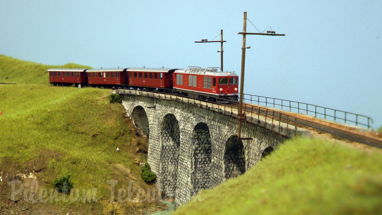 Model trains in action at the famous Gletsch railway station in Switzerland