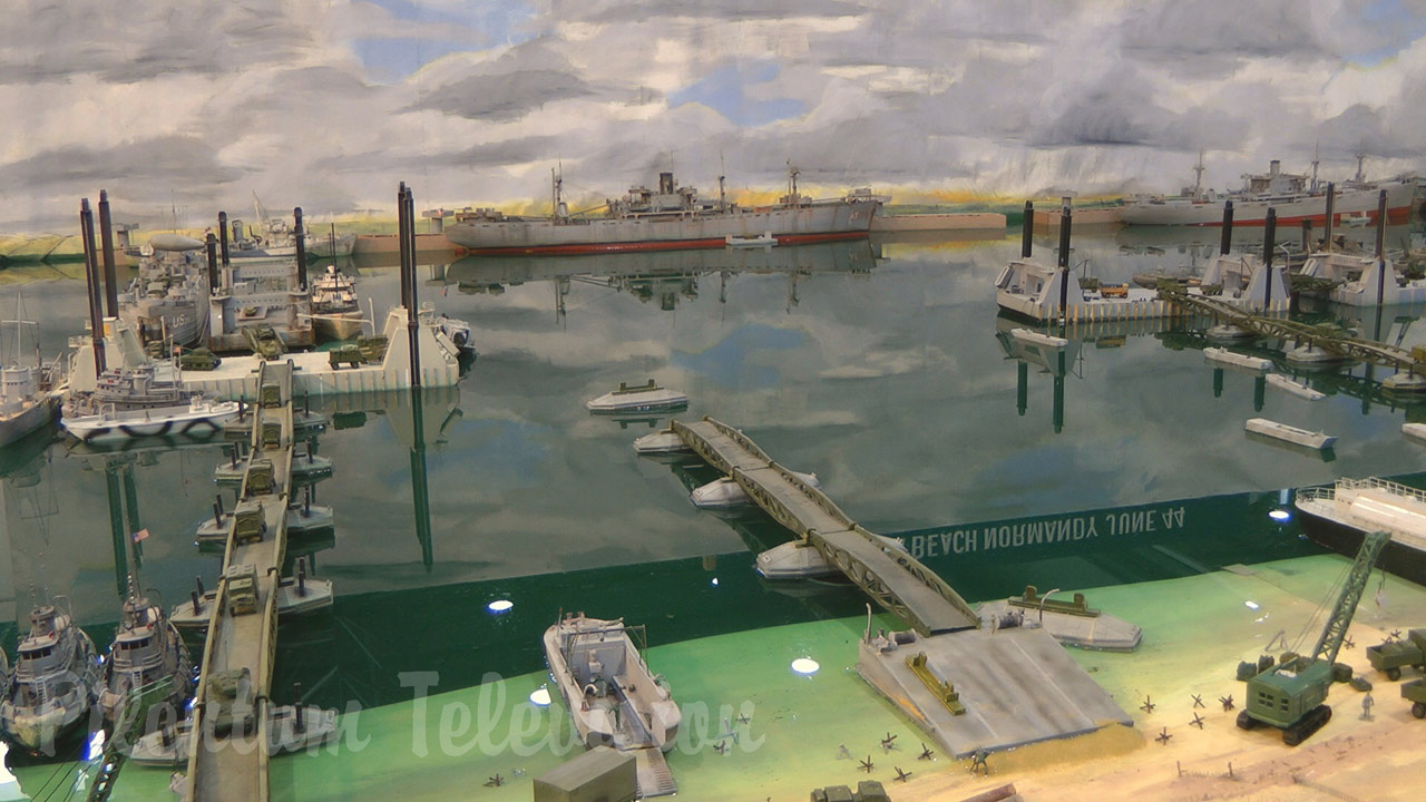 U.S. Navy model ship and model boat diorama of Omaha Beach