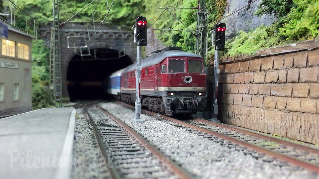 Model trains and model railroad layout of the national railway company of Germany in HO scale