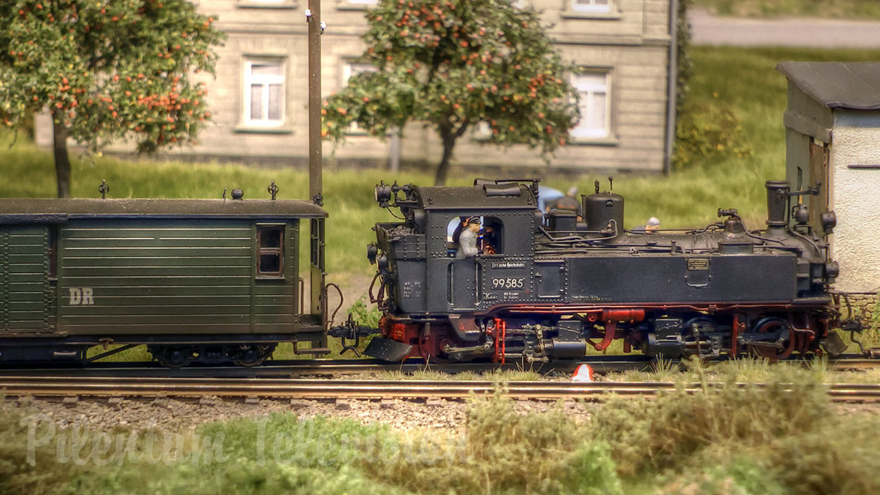 Beautiful Model Steam Train Layout of the Saxon Narrow Gauge Railways with Transporter Wagon