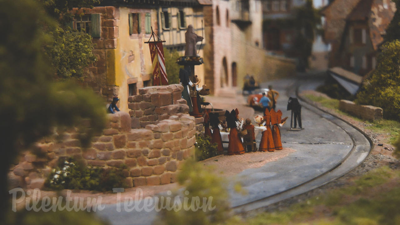 One of the most beautiful model train dioramas from Alsace with steam trains and uniquely constructed houses