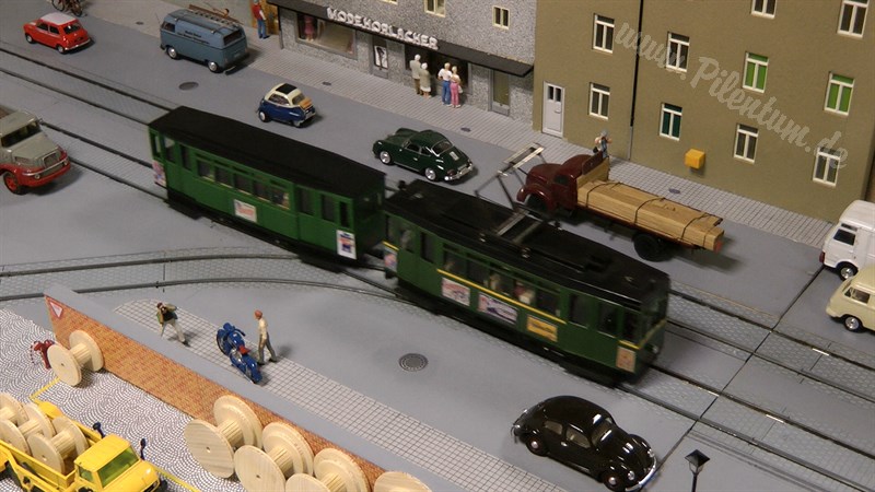 Model tram and tramway on a modular railway layout in 0 scale