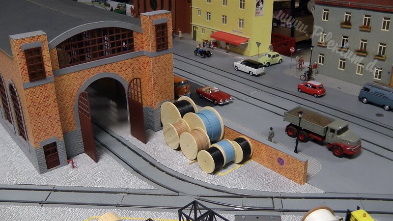 Model tram and tramway on a modular railway layout in 0 scale