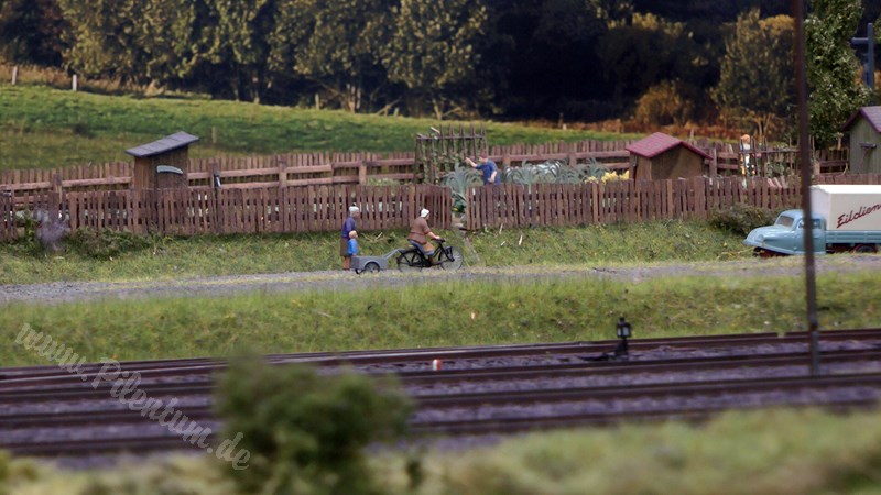 Model railway with station and very realistic landscape in HO scale