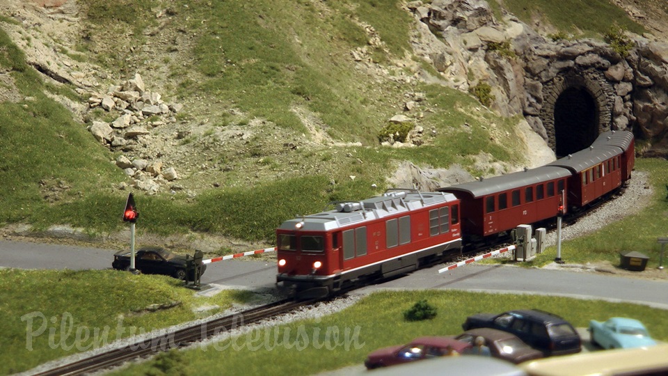 Model trains in action at the famous Gletsch railway station in Switzerland