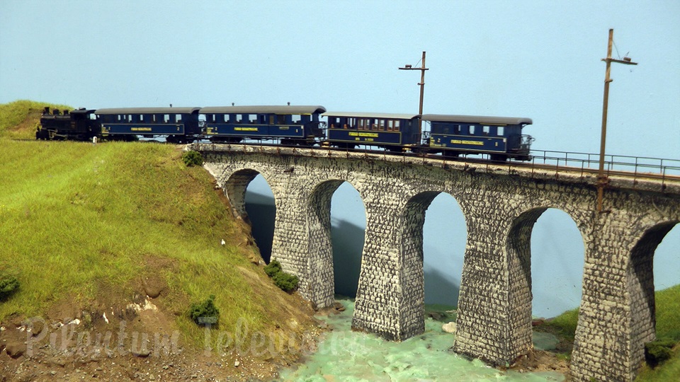 Model trains in action at the famous Gletsch railway station in Switzerland