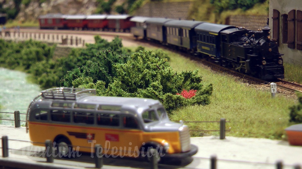 Model trains in action at the famous Gletsch railway station in Switzerland