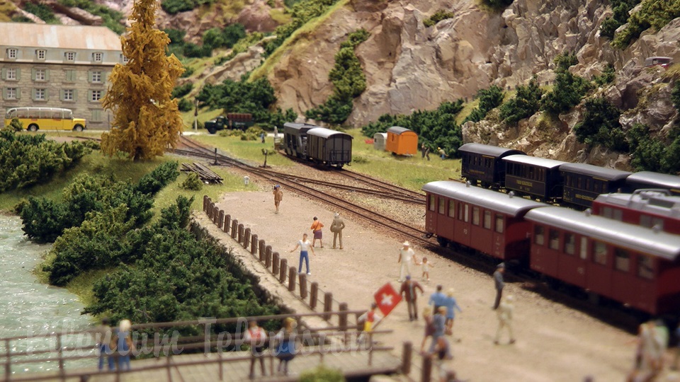 Model trains in action at the famous Gletsch railway station in Switzerland