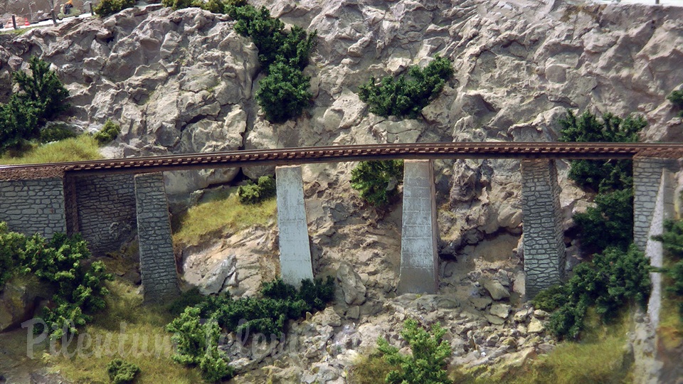 Model trains in action at the famous Gletsch railway station in Switzerland