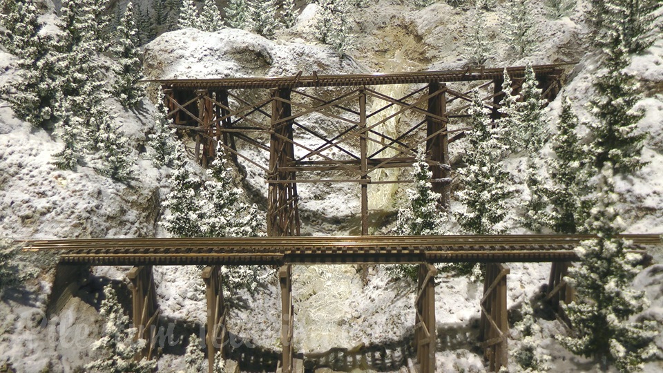 Wonderful US model railroad layout in HO scale with landscape in winter