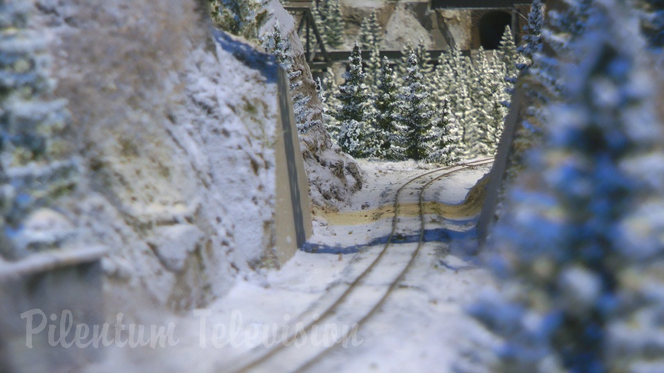 Wonderful US model railroad layout in HO scale with landscape in winter