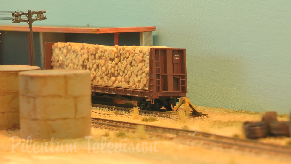 N scale model railroad diorama with freight trains