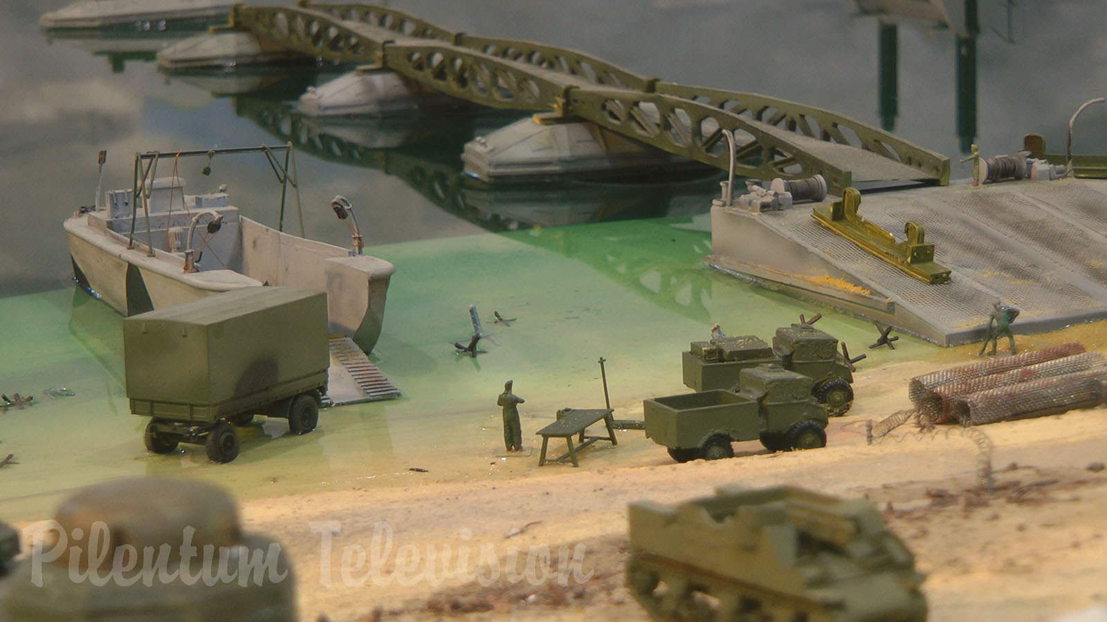 U.S. Navy model ship and model boat diorama of Omaha Beach