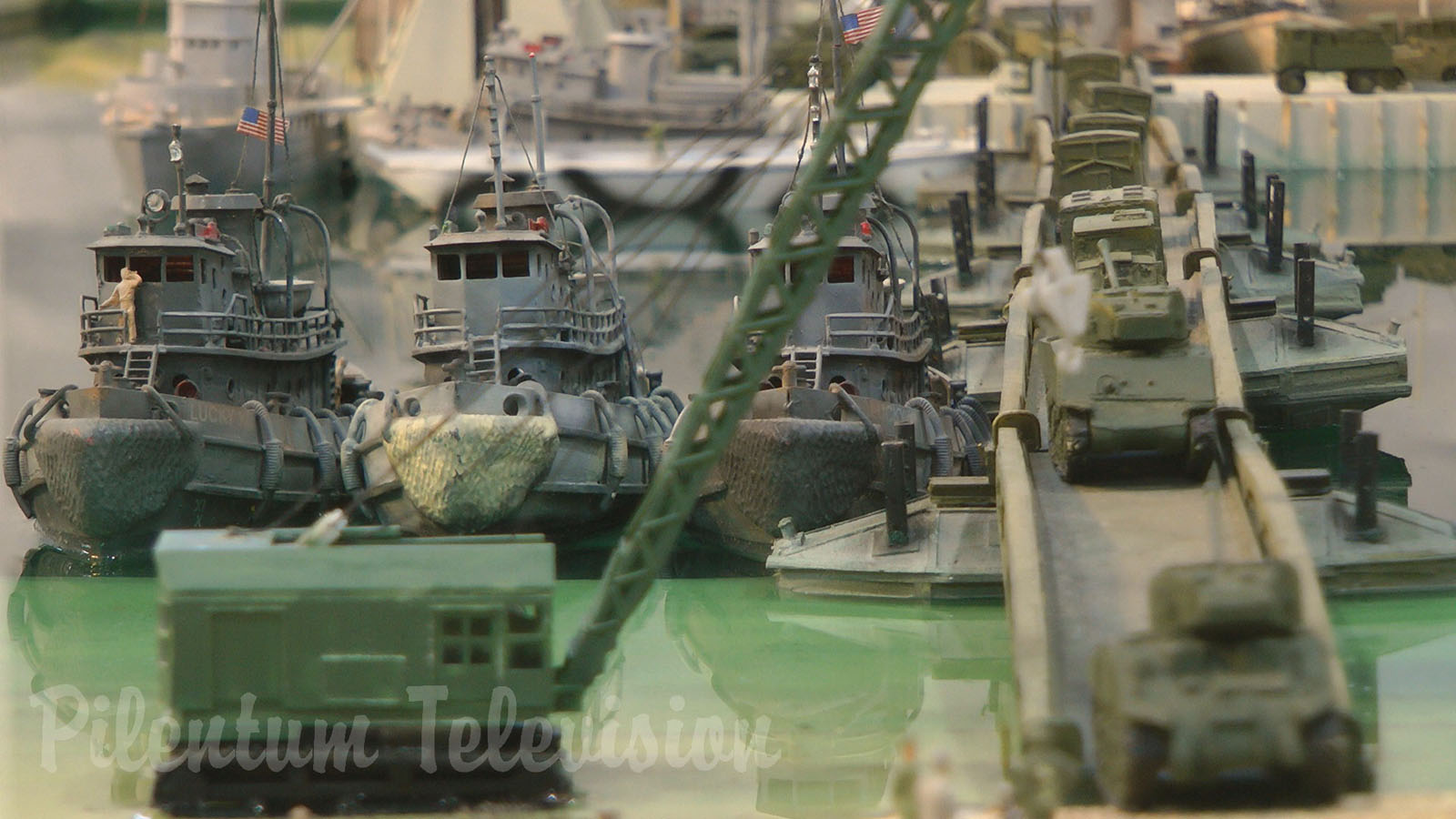 U.S. Navy model ship and model boat diorama of Omaha Beach