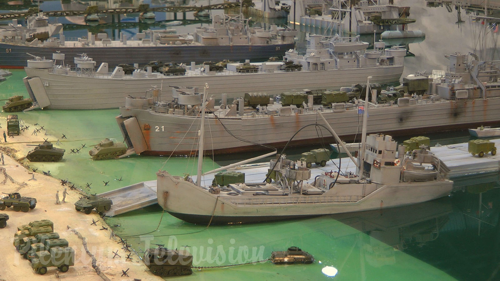 U.S. Navy model ship and model boat diorama of Omaha Beach