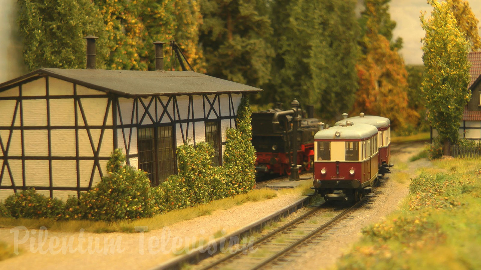 Model Railway Layout with Steam Locomotive and Diesel Railcars from Prussia in HO Scale