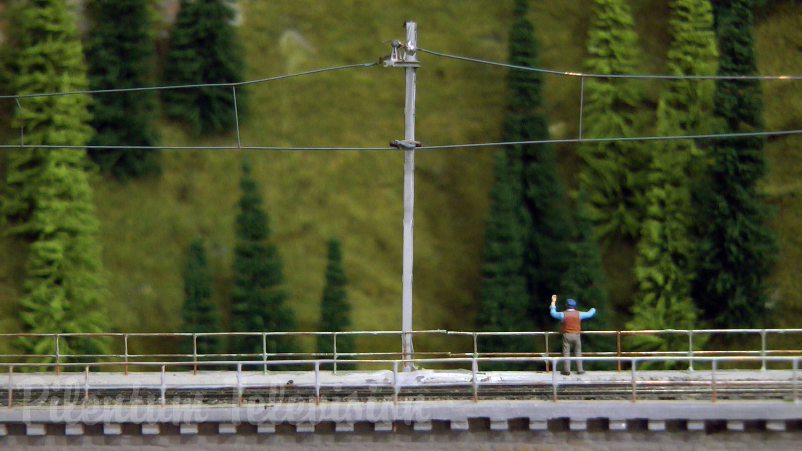 Model trains from Switzerland crossing the railroad bridge HOn3½